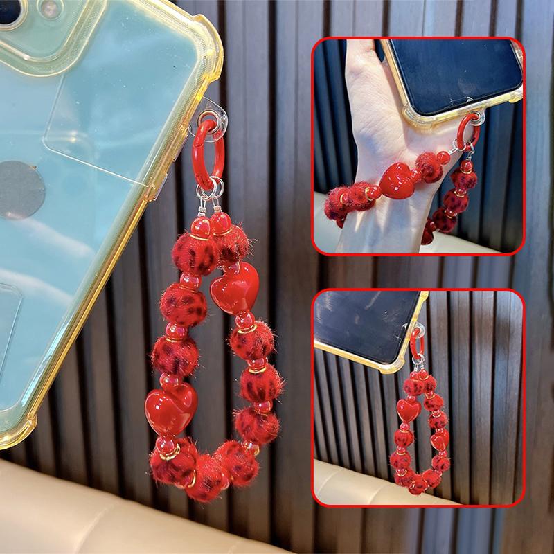 Vintage Red Fur Ball Phone Lanyard Sweet Beaded Mobile Phone Chain Keychain  Year Christmas Cellphone Strap Camera Pendant