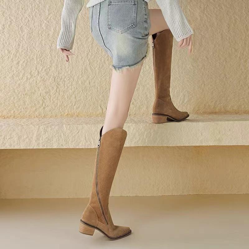 Trendy Long Tube Boots 2024 Autumn and Winter New Solid Color Zipper Design Sense Large Casual High Tube Knight Women's Boots