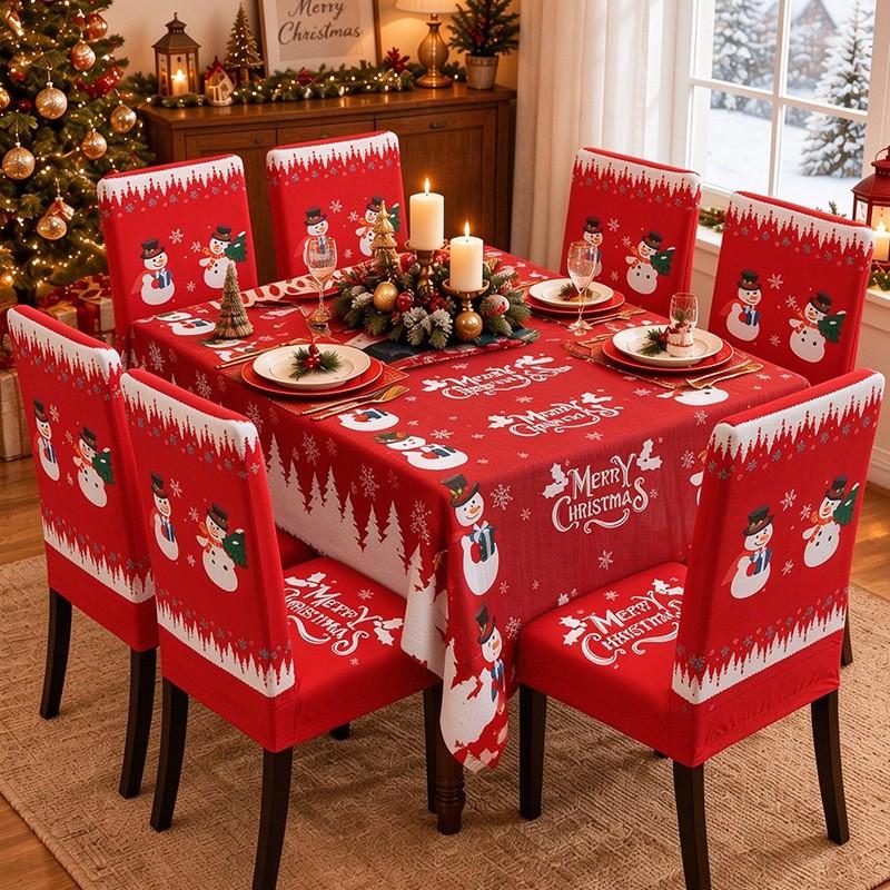 Christmas Chair Cover Tablecloth Set Stretch Santa Print Holiday Dinner Party Decor