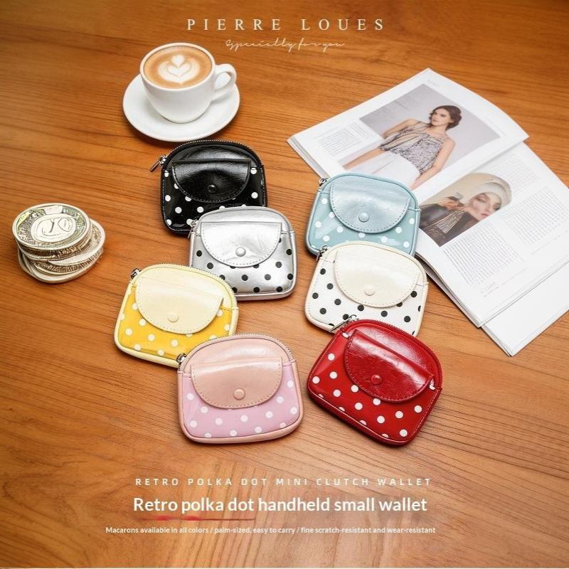 Polka Dot Portable Pu Leather Coin Purse Glossy Surface With Key Ring For Daily Shopping Travel