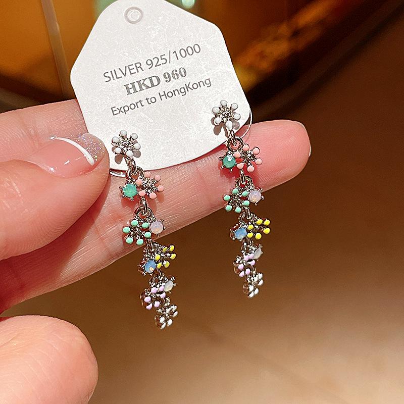 

Silver Needle Drip Oil Diamond Flower Tassel Earrings - Summer Sweet High-End Style