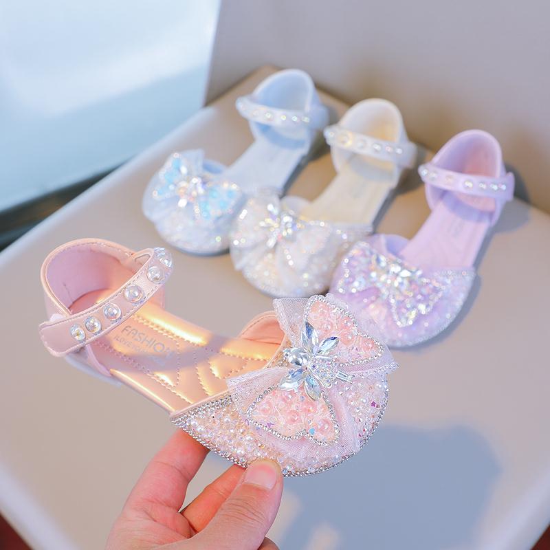Girls Princess Shoes Mesh Lace Bow Kids Half Sandals Beauty Crystal Fairy Style 2025 New Girls Dance Shoes for Party Wedding