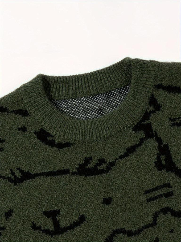 Men's Cute Cat Print Knit Pullover - Stylish Fall/Winter Round Neck Sweater