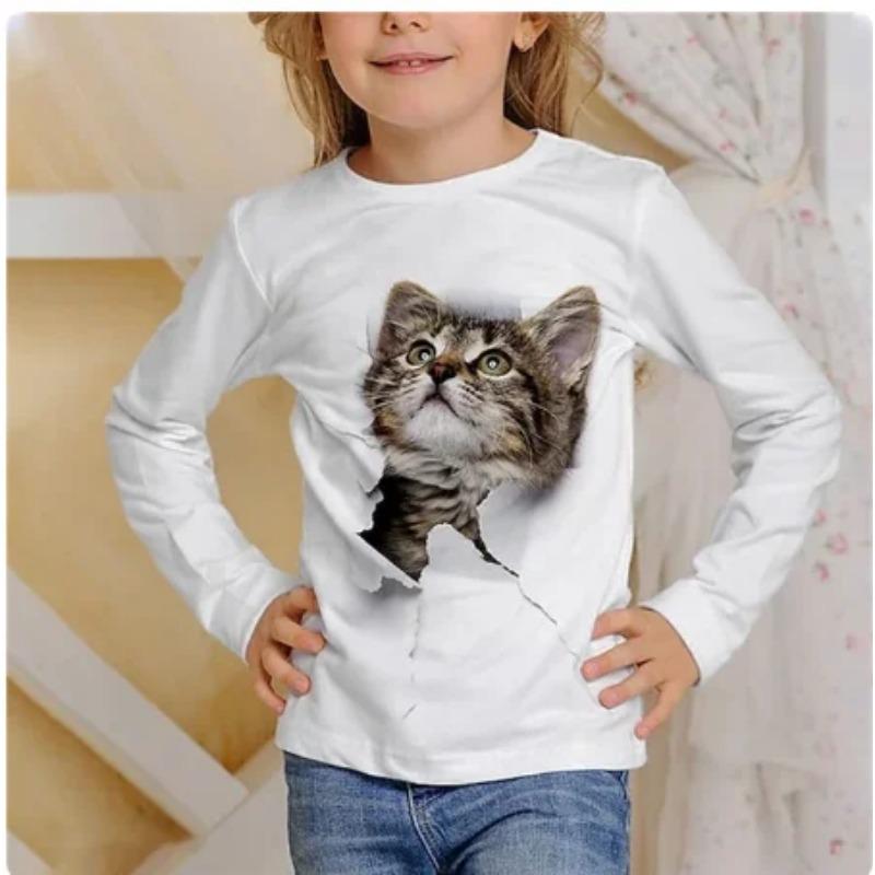 3D Pattern Cat T-shirt Long Sleeve Printed Fun Children's Girls' Top