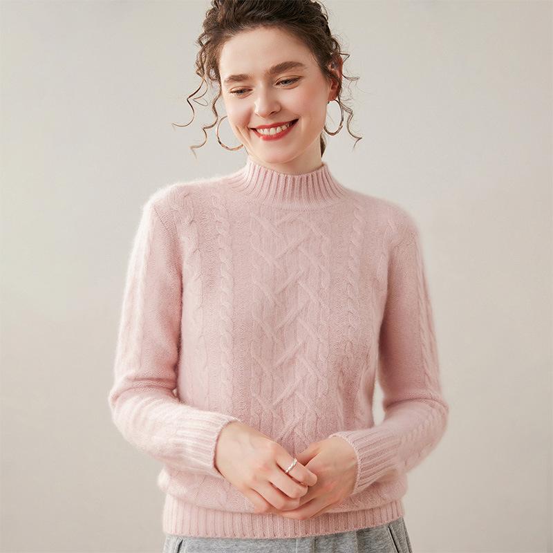 Women's Autumn/Winter Cashmere Cable Knit Sweater - Warm, Slimming, and Fashionable with Half-high Collar