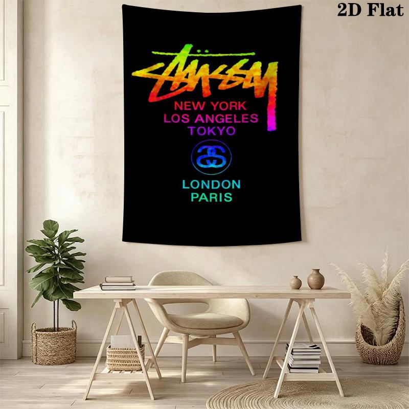 City List Text Tapestry, Black Background Street Brand Logo No.4 Wall Hanging Decor