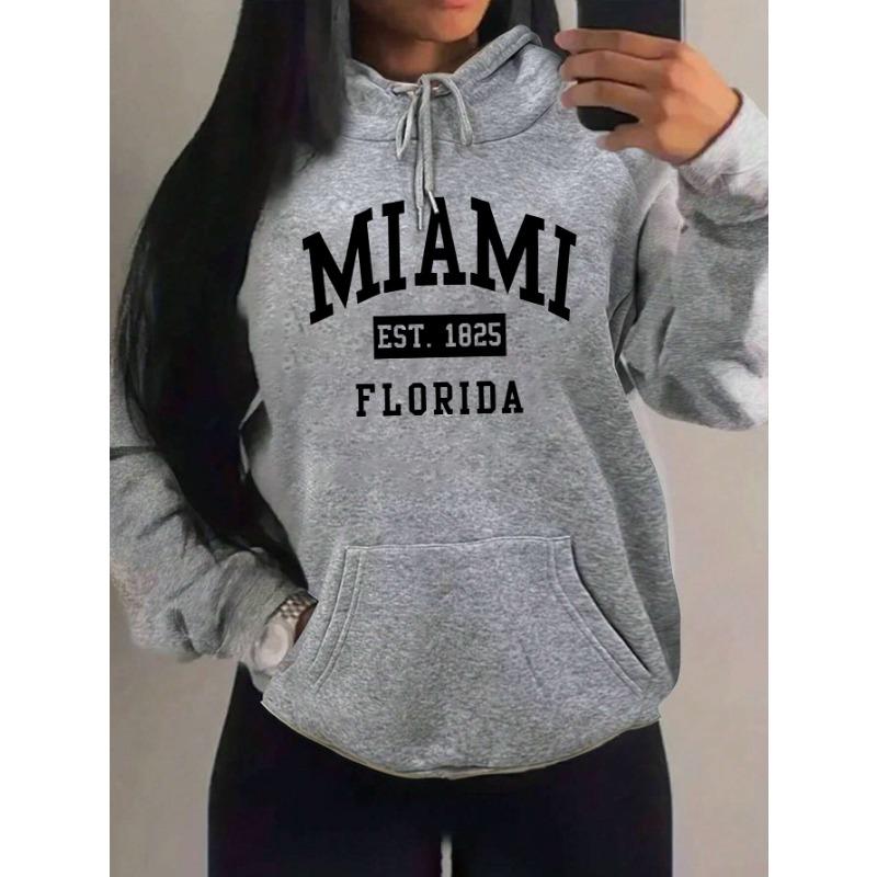 Miami Est 1825 City Art Letter Prints Women Hoodie Pocket Streetwear Harajuku Loose Hoody All-Match Fleece Female Clothing