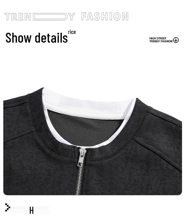 2025 Autumn/Winter Men's Trendy Heavyweight Round Neck Hoodie Pullover, Zippered Fake Two-Piece Long Sleeve Shirt