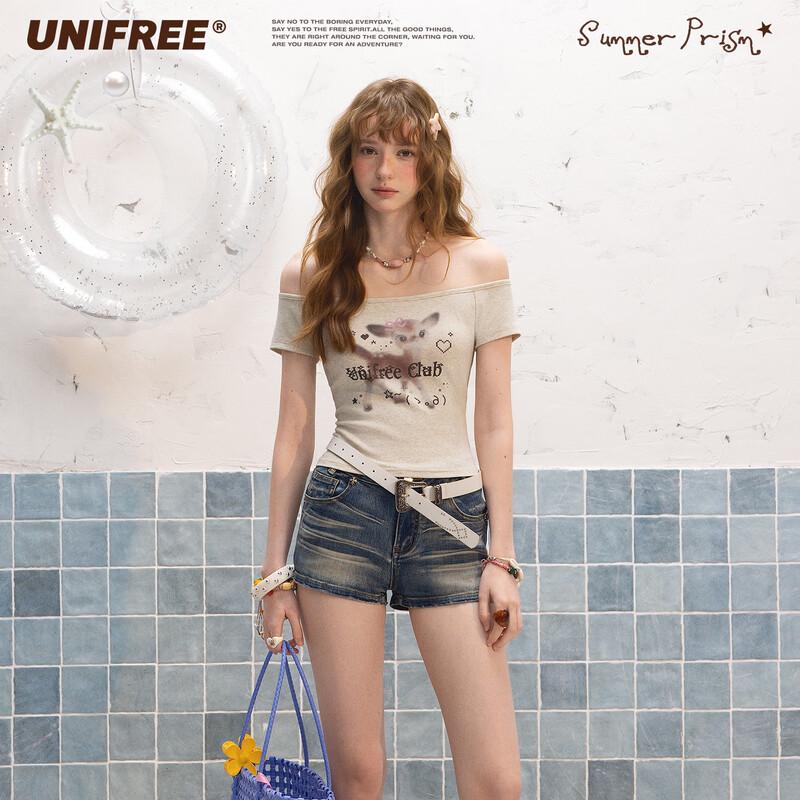 UNIFREE Deer Print Off-Shoulder Short T-Shirt L