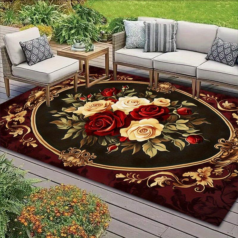 Vintage Floral Rug - Luxury Red & White Rose Design, Polyester Large Area Carpet for Entryway, Living Room & Bedroom