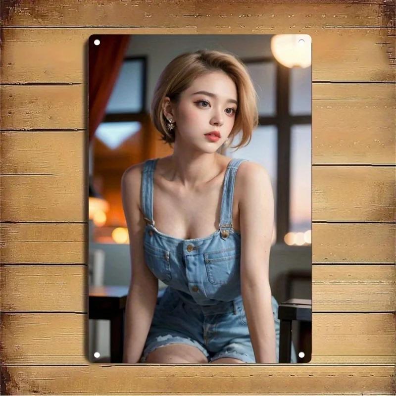 Vintage Metal Wall Sign Art, Rustic Retro Korean Woman Blue Outfit Advertising Plate for Home Decor