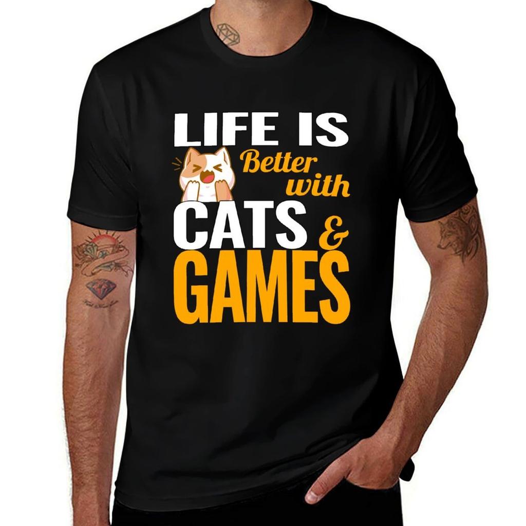 Life is better with cats and games T-Shirt Casual Loose Fit Short Sleeve T-Shirt