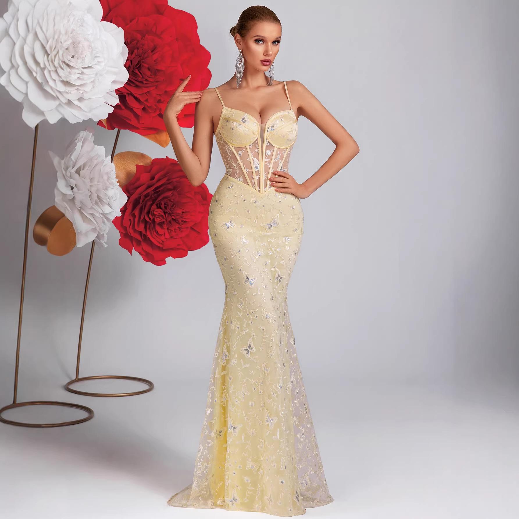 New thin shoulder strap butterfly embroidered mesh perspective evening dress fish bone waist light luxury celebrity banquet dress XS жёлтый