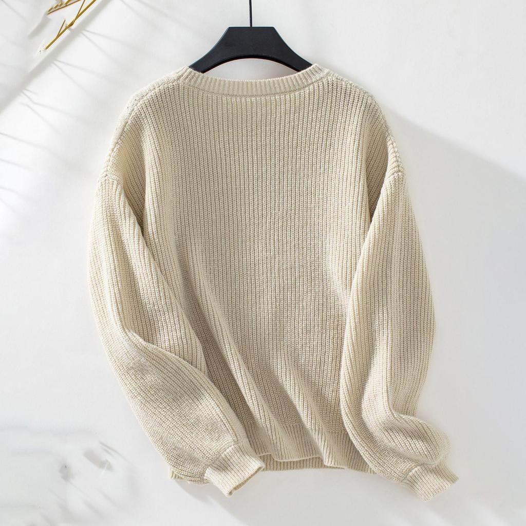 Podzim Zima Vintage Volný Top S Dlouhým Rukávem Jednobarevný Cardigan Svetr S Výstřihem