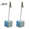 Metal Pole Memo Stand 2 Pcs Wooden Cube Base Holder with Clips, Mini Table Smooth Open Close Clip Number Stands for Name Cards, Photos, Memos,
