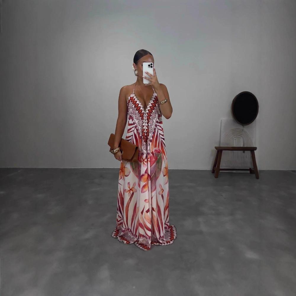 Women's Halter Neck Sleeveless Printed Maxi Dress Loose Fit Mid Waist Bohemian Dress