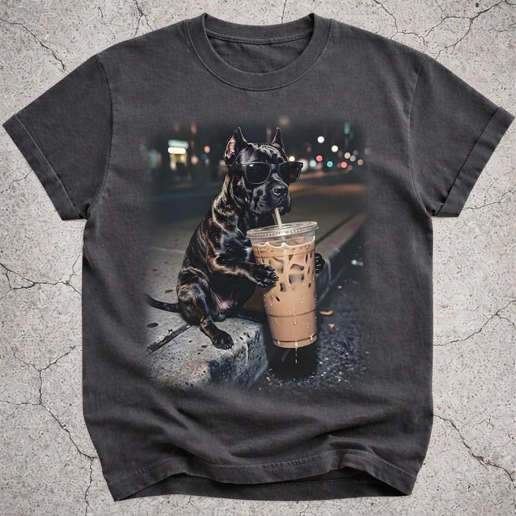 Cane Corso Drinking Iced Coffee Shirt, Funny Dog Meme T-Shirt, Coffee Lover Gift, Dog Owner Vintage Graphic Tee, Silly Dog Novelty Shirt