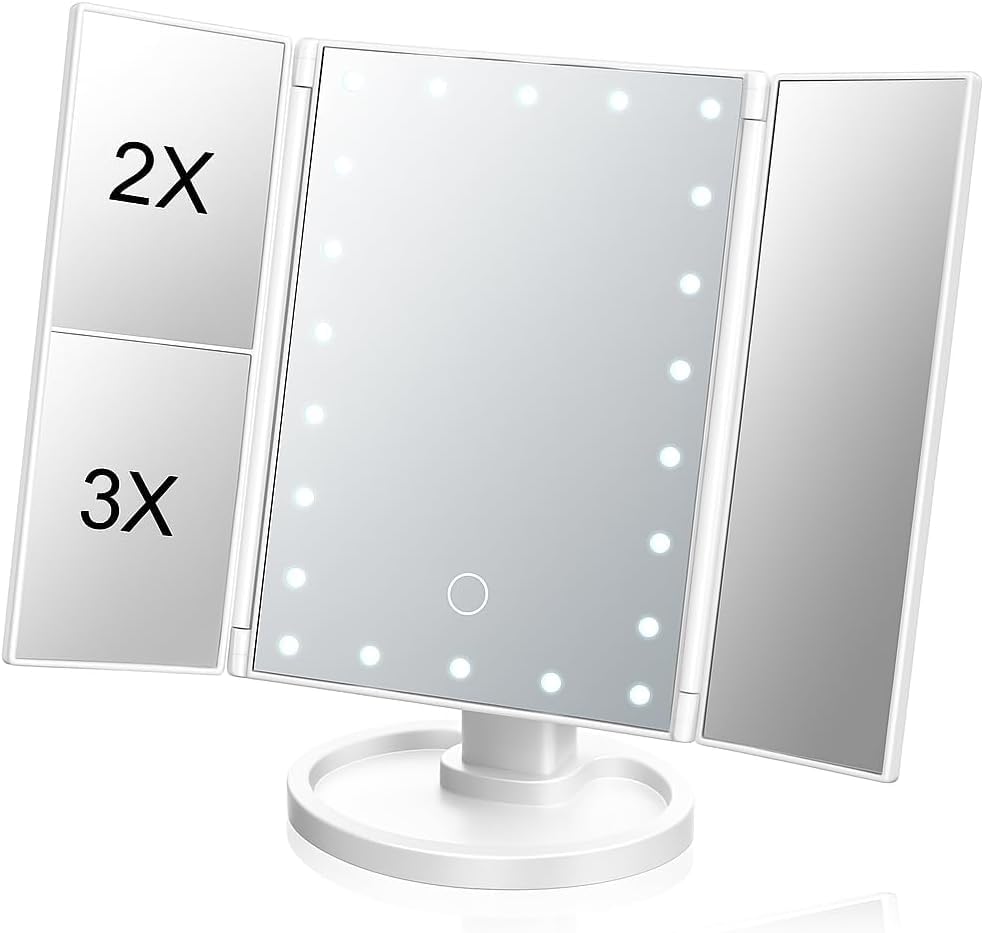 

зеркало для повседневного использования, обеспечивающее 2-кратное и 3-кратное увеличение каждой детали и свет для комфортного макияжа. Регулируемый угол и складное для трехстороннего использования. белый