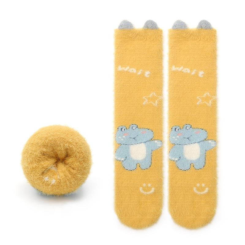 Autumn Winter Sweet Stockings Bowknot Imitation Mink Socks Winter Plush Warm Home Sleeping Socks Cartoon Cute Furry Tube Socks