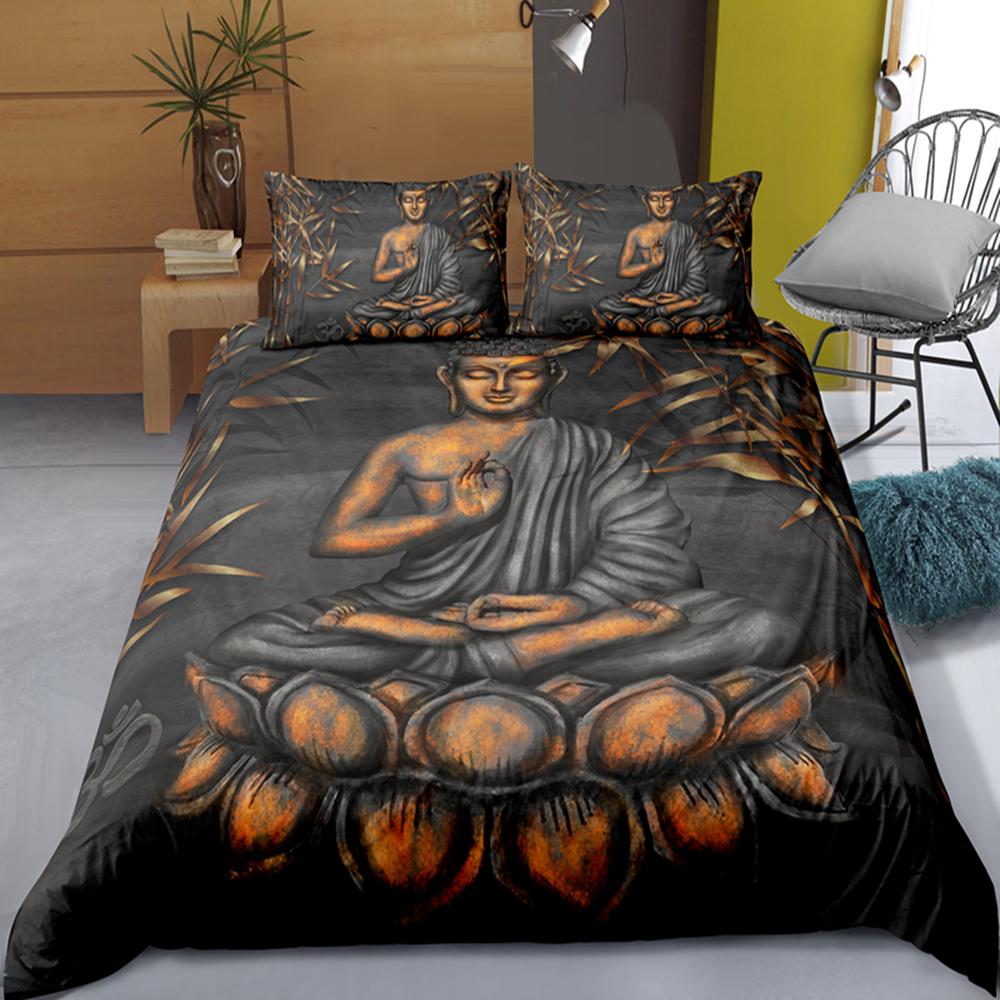 Mandala Buddha Duvet Cover Set King Size Exotic Ethnic Bohemian Bedding Set Golden Black Lotus Flowers Gorgeous Comforter Cover