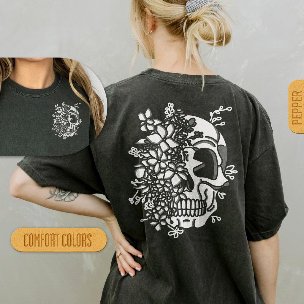 Boho Skull Shirt, Flower Skeleton Comfort Colors T-shirt, Floral Goth Graphic Tee, Retro Cartoon Vintage T Shirt, Oversized Witchy Botanical