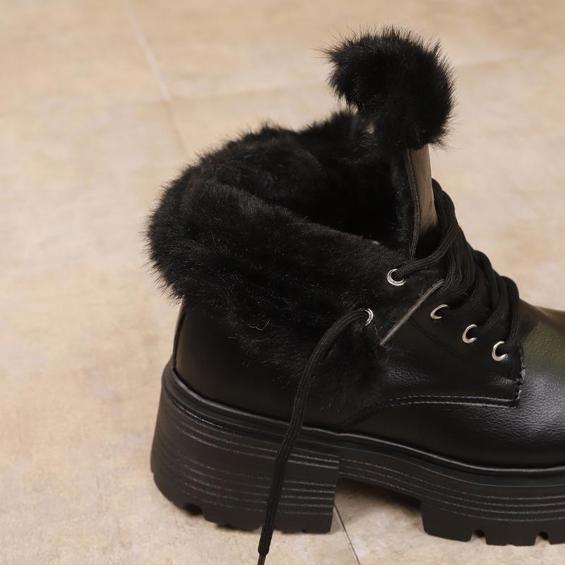 

Autumn Winter Furry Women Snow Boots Elegant Lace Up Height Increase Shoes Ladies Outdoor Keep Warm Cotton Short Booties 40