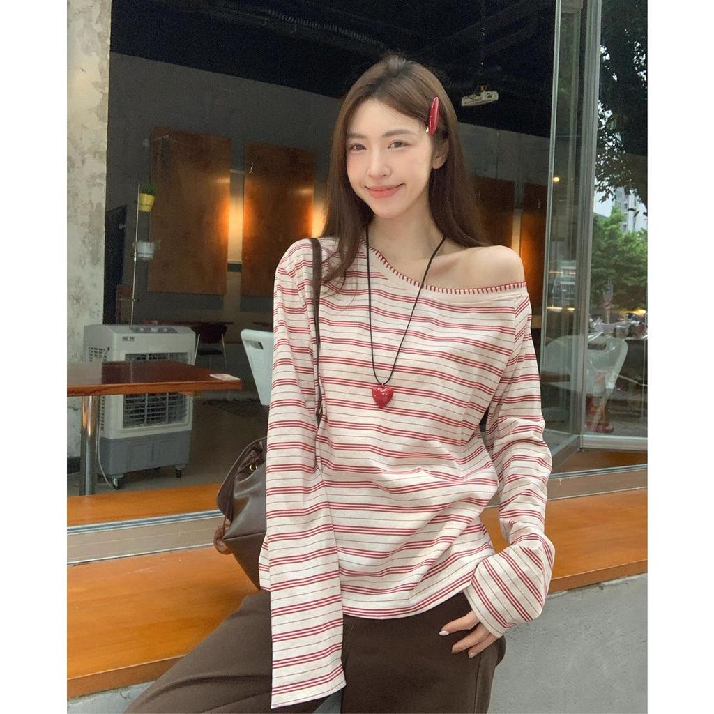 Pure Desire Wind Bright Line Decoration Slanted Shoulder Long-sleeved T-shirt Women's Autumn New Fashion Foreign Style Loose and Thin Versatile Top