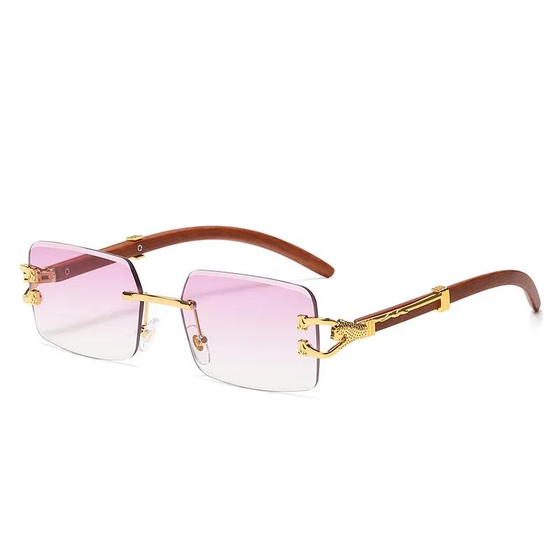 Classic Vintage Rimless Square Leopard Head Sunglasses Ladies Men Fashion Luxury  Designer Travel Wooden Metal Sun Glasses