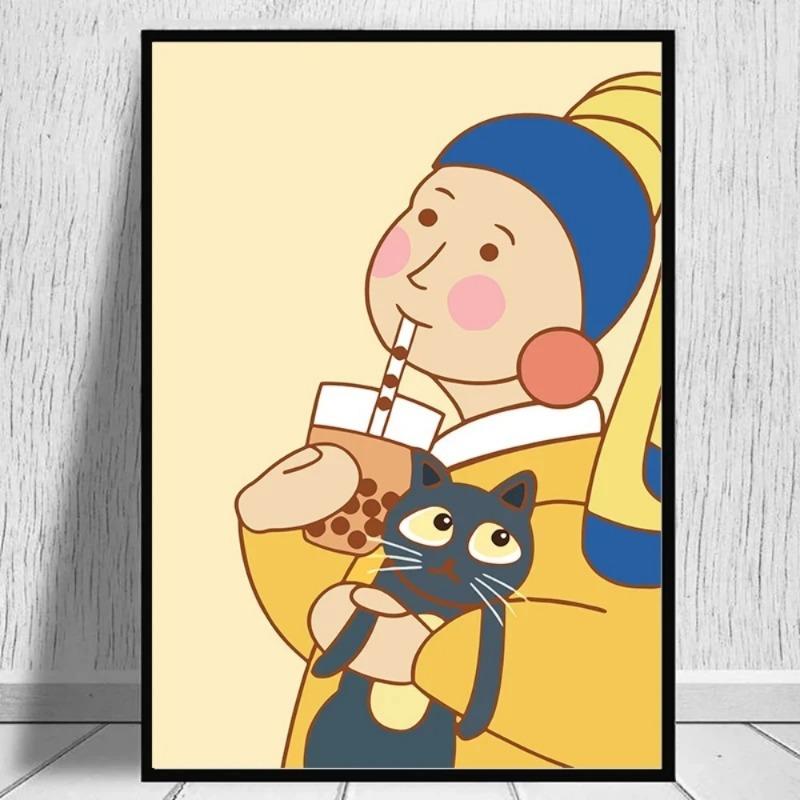 Funny Mona Lisa Bubble Tea Famous Portrait Cartoon Painting Art Print Poster Wall Living Room Home Decor
