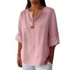 2026 Women's Loose V-Neck Cotton Linen Button Top - Comfortable Casual Summer T-shirt