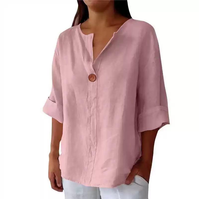 2026 Women's Loose V-Neck Cotton Linen Button Top - Comfortable Casual Summer T-shirt