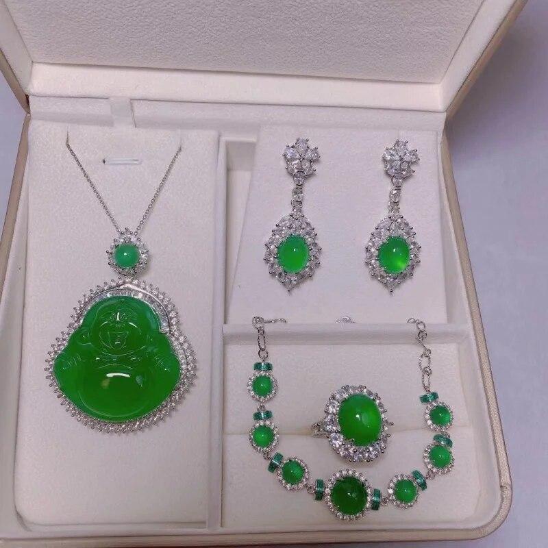 

S925 Посеребренный инкрустированный зеленый халцедон Будда Агат Серьги Браслет из четырех частей Набор орнаментов