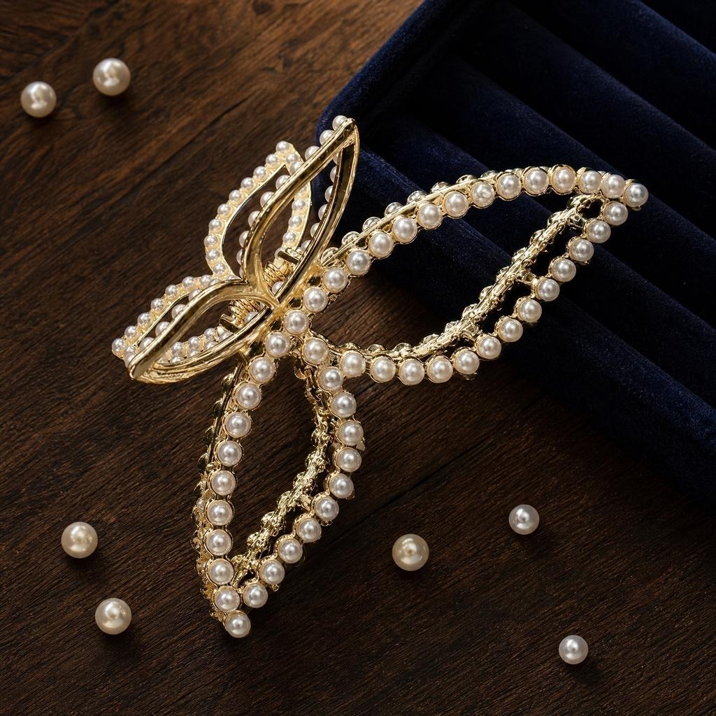 Large Metal Hair Claw Clip with Floral Design Pearl and Rhinestone Accents Tassel Hairpin for Updo Styling and Secure Hold
