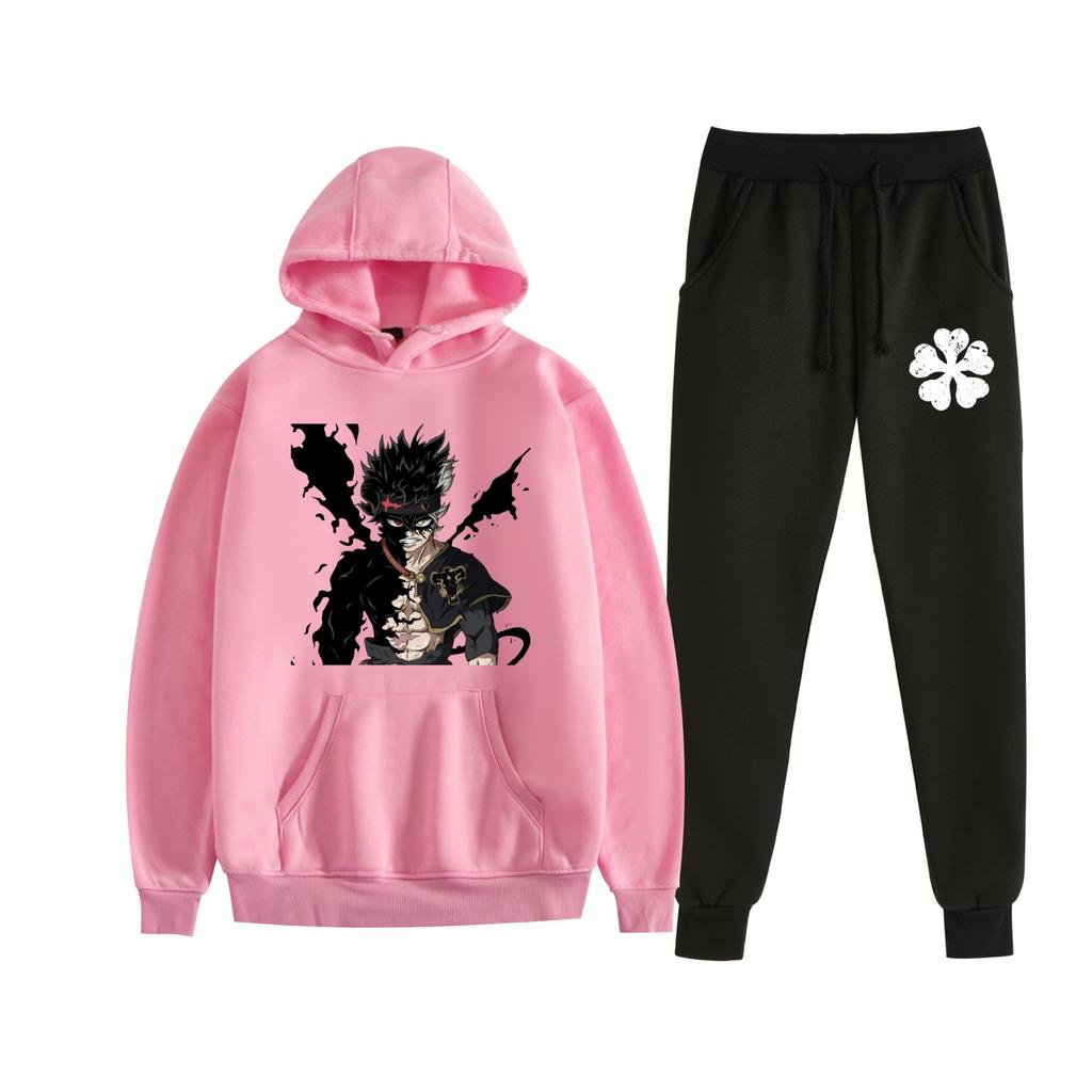 Europe, America, Autumn and Winter Black Four-leaf Clover Peripheral Two-dimensional Men's and Women's Leisure Sports Fleece Hooded Sweater Set 