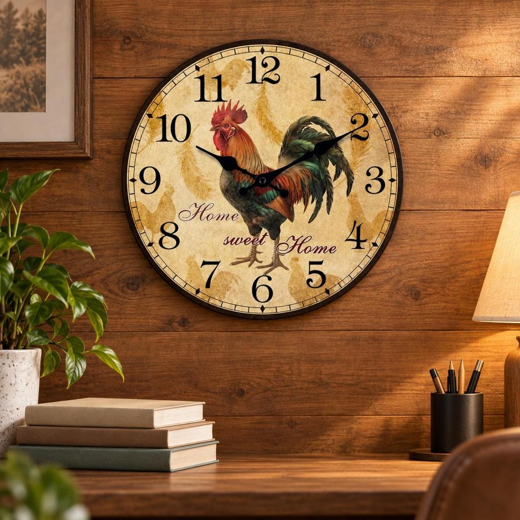 Decorative Wall Clock with Cockerel Illustration Accurate Time for Kitchen