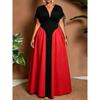 Plus Size V Neck Color Block Waist Cinched Midi Casual Dress For Women