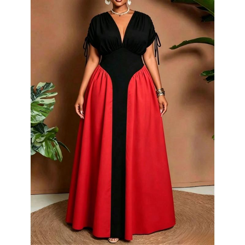 Plus Size V Neck Color Block Waist Cinched Midi Casual Dress For Women