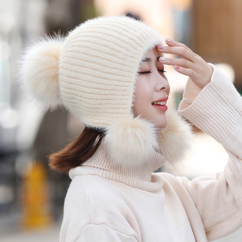 Neue Hohe Qualität Warme Mütze Frauen Kaninchen Fell Winter Hut Weibliche Mode Fügen Pelz Gefüttert Pompons Gestrickte Hut