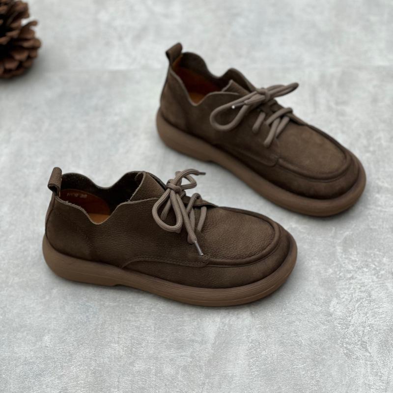 Handgefertigte Damen Retro High-Top Ballerinas aus echtem Leder mit runder Spitze und Schnürung