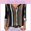 Elegantes Damen Herbst gestreiftes Blumenmuster Knopf V-Ausschnitt Langarm T-Shirt Lässige Bluse