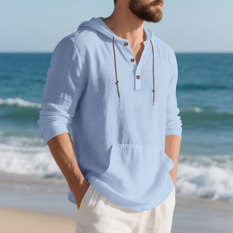 Men Casual Loose Long Sleeve Hooded Linen Blend Henley T Shirt