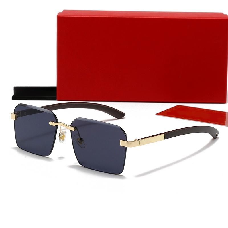 Fashion Rimless Square Sunglasses for Men Women New VintageMetal Frame with Wooden Temple, Classic Retro Shades UV Protection