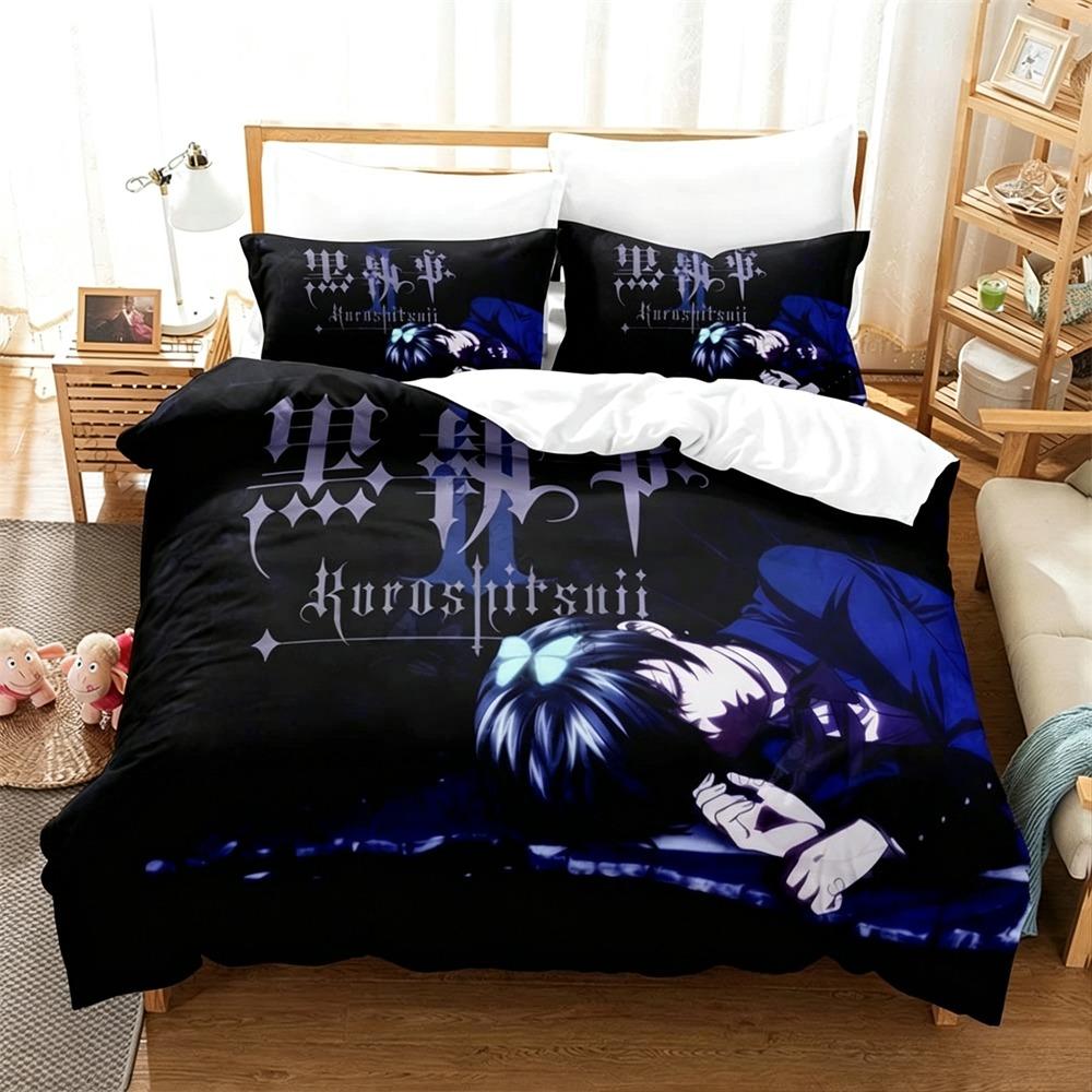 Set Biancheria da Letto Black Butler Kuroshitsuji 2/3 Pezzi Copripiumino Sebastian Ciel Cartone Animato Biancheria da Letto per Bambini Adulti Camera da Letto