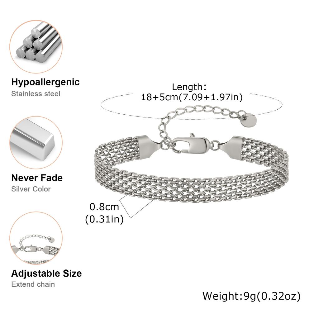 3/8mm Mesh Strap Chain Bracelet for Men Boys,Stylish Stainless Steel Adjustable Wristband,Simple Minimalist Jewelry Gift