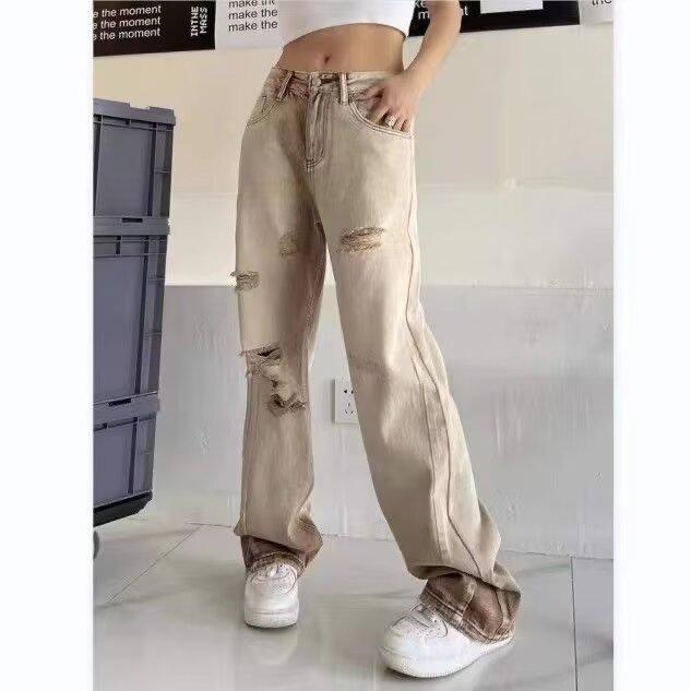 

Винтажные потертые кофейные рваные джинсы - Ретро коричневые женские брюки прямого кроя M