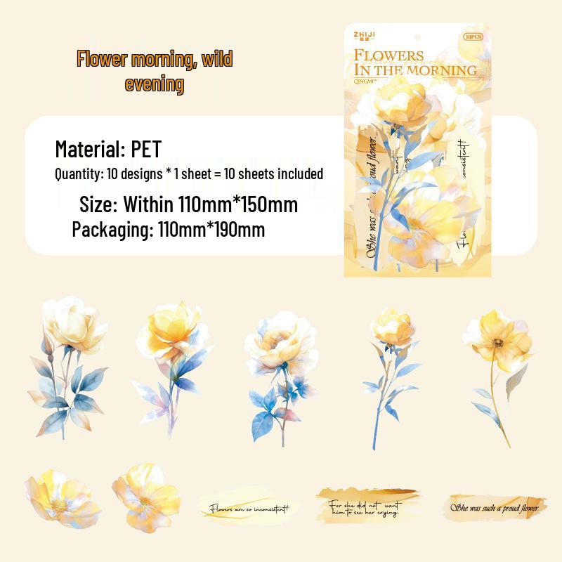 

Paper-like White Ink PET Sticker Pack: Clear Dream Flower Island Series, 6 Designs, 10 Sheets, Colorful Floral DIY Base Stickers