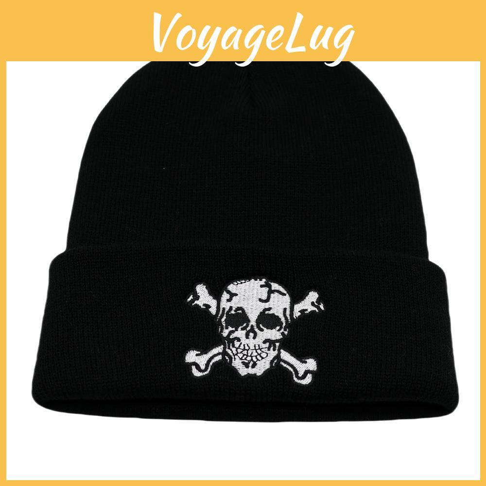Solid Simple Color Knitted Hat With Skeleton Embroidery Design For Daily