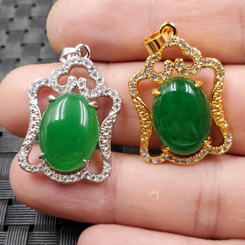 Bright Green Quartzite Jade Oval Pendant Necklace with Diamond Inlay Silver Version 20x25mm
