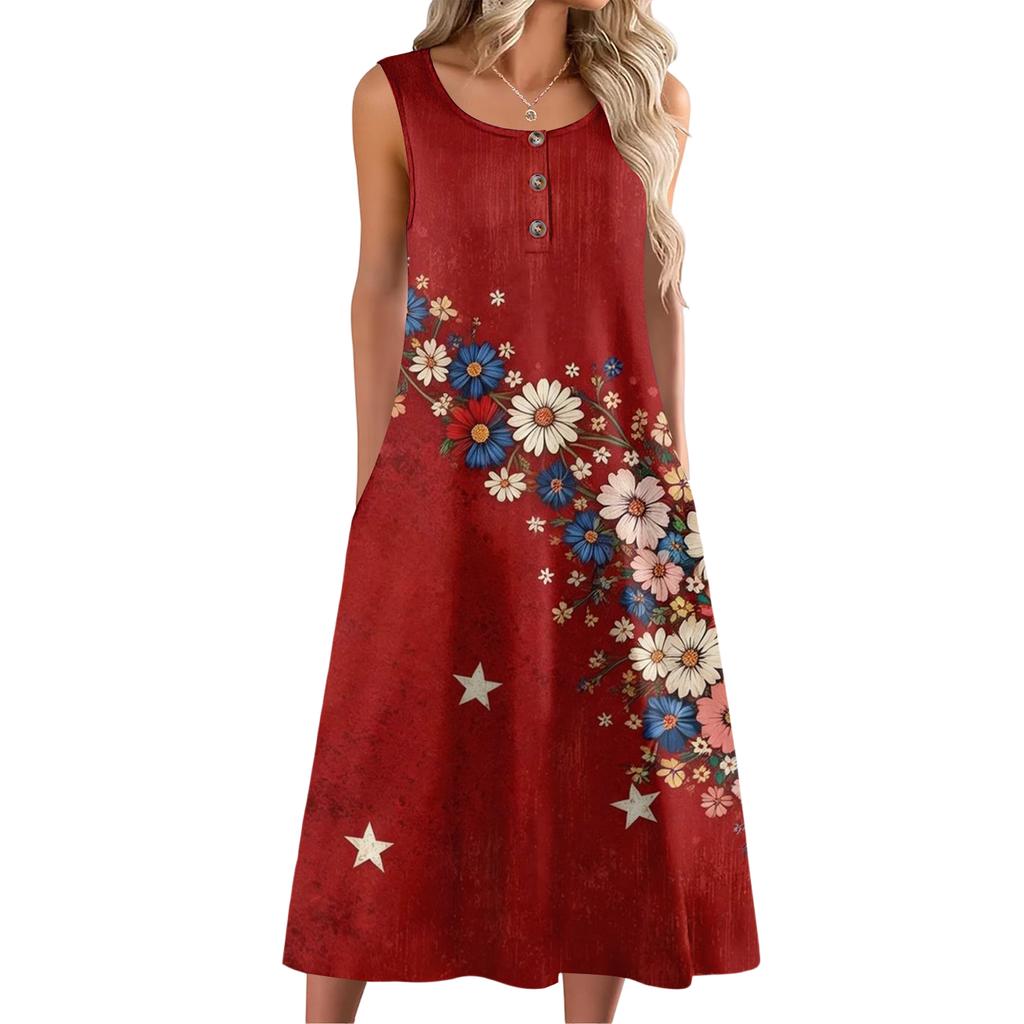 Sleeveless Butterfly Print A-Line 4th of july dress Independence day dress Button Front Casual Summer Midi Dress for Women