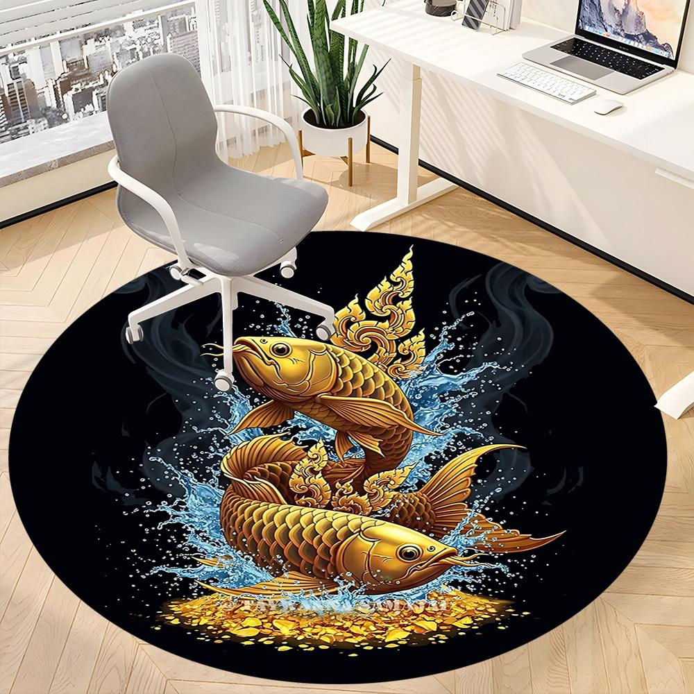 1pc Golden Fishes Splash Office Round Area Rug, Under Office Chairs Bedroom Living Room Home Decor, Room Deco, Available in Various Sizes